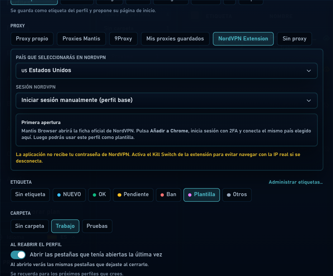 NordVPN Extension por perfil · Mantis Browser